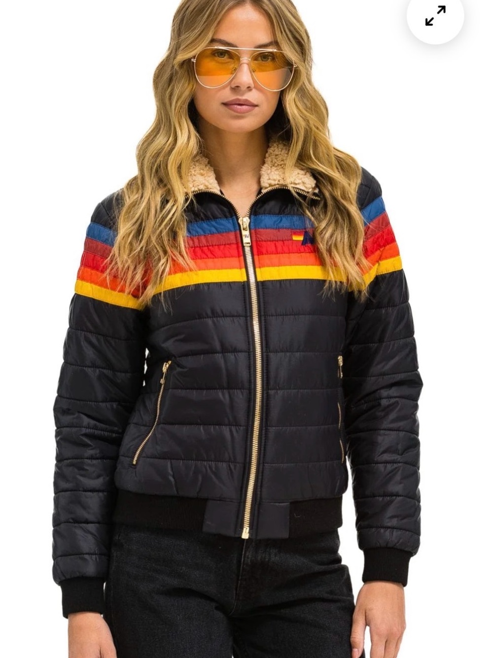 Aviator Nation Women’s Quilted Jacket with Multicolor Stripe and Sherpa Collar - Picture 4 of 5